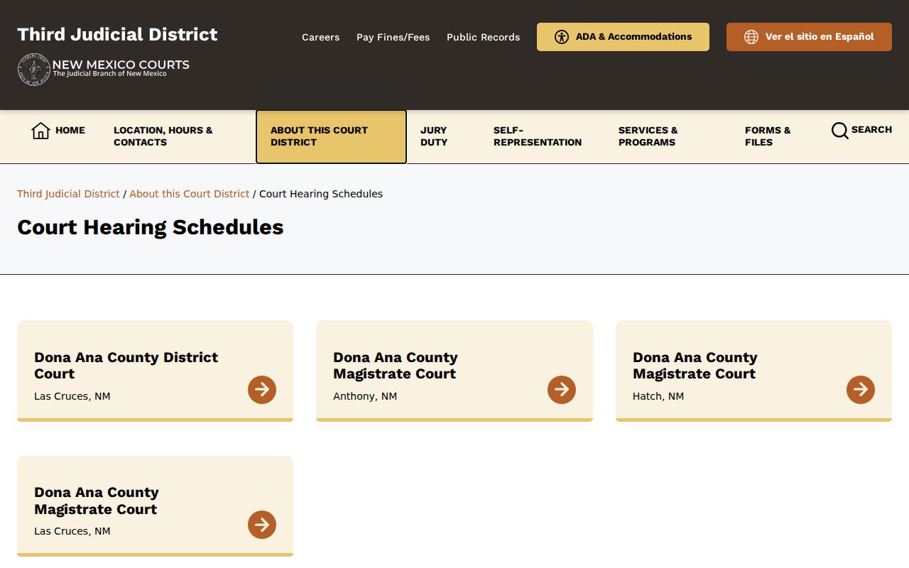 Doña Ana County court dates index for Third Judicial District hearing schedules
