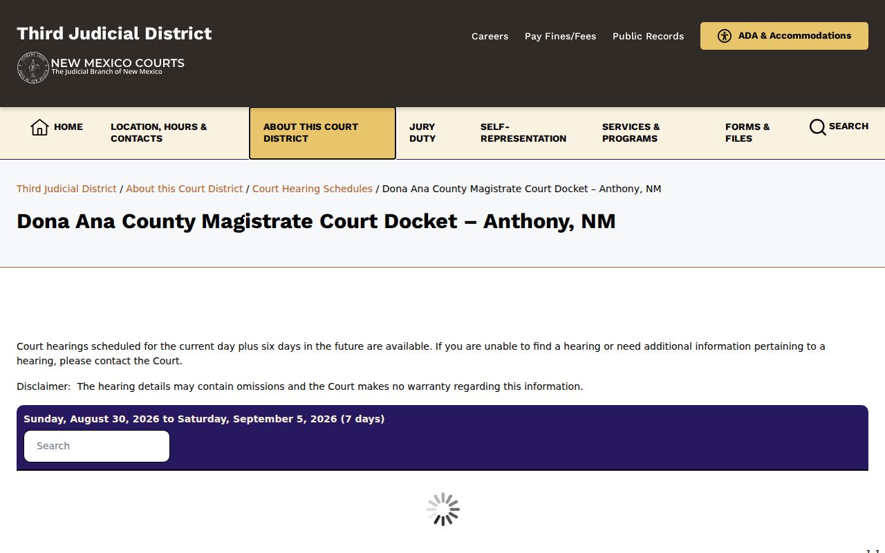 Doña Ana County court dates daily docket example for Anthony Magistrate Court