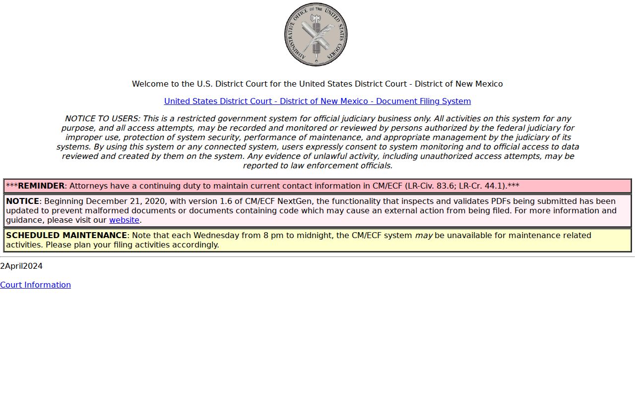 Doña Ana County court docket federal CM ECF access notice