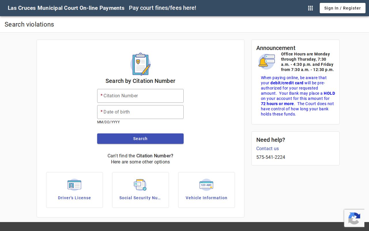 Doña Ana County traffic ticket lookup fields in Las Cruces Municipal Court citation search